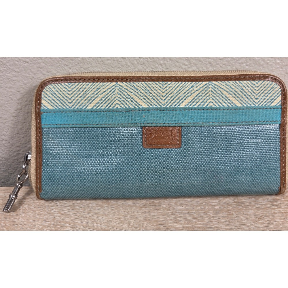 Fossil Key-Per Zip Around Wallet Blue Teal Geometric Canvas Key Charm